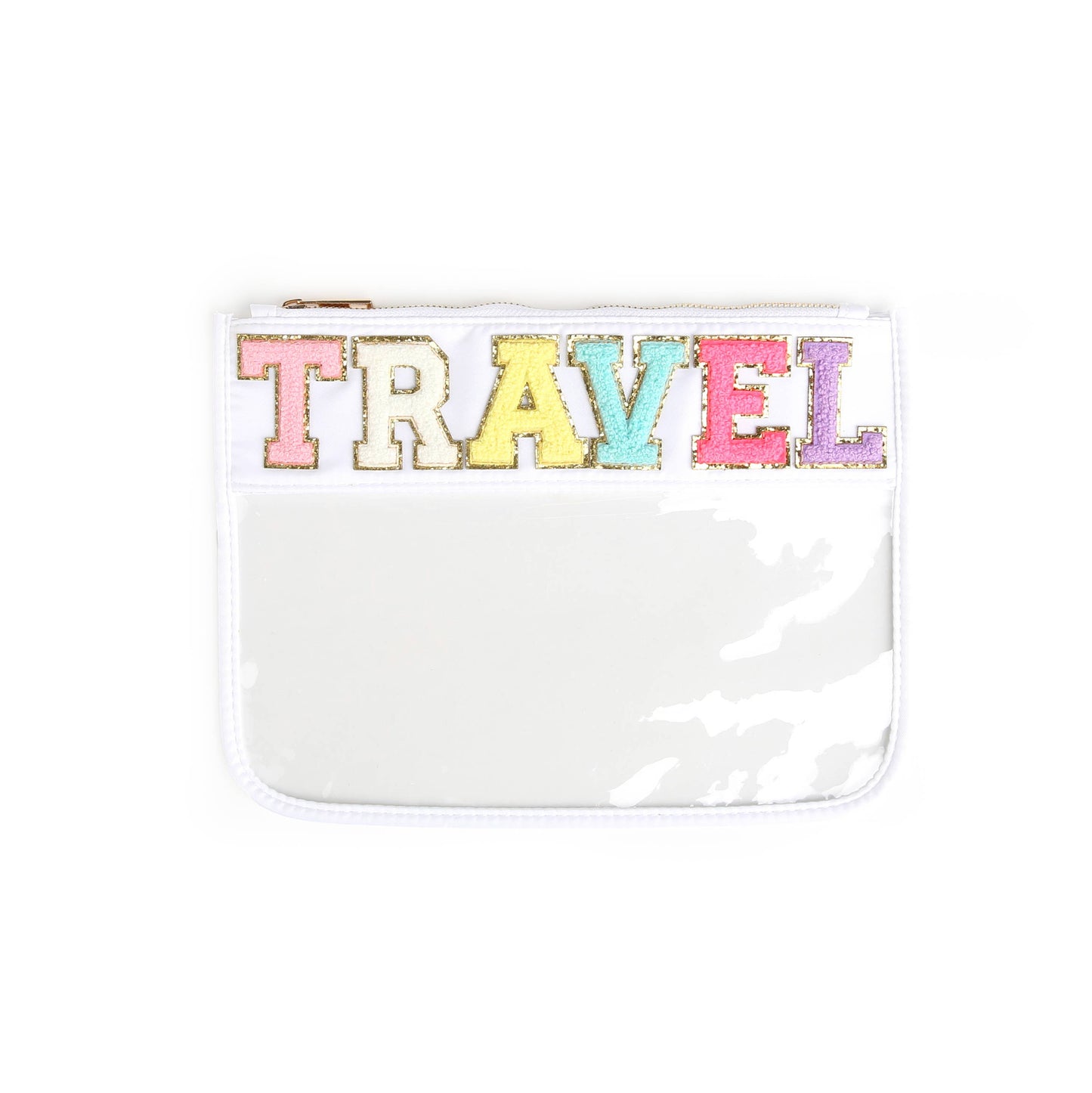 Varsity Letter Clear Zippered Pouch Bag White w/TRAVEL