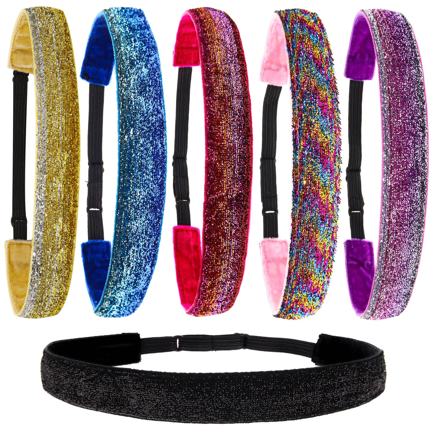 Adjustable No Slip Glitter Headbands for Girls - 6 Pack