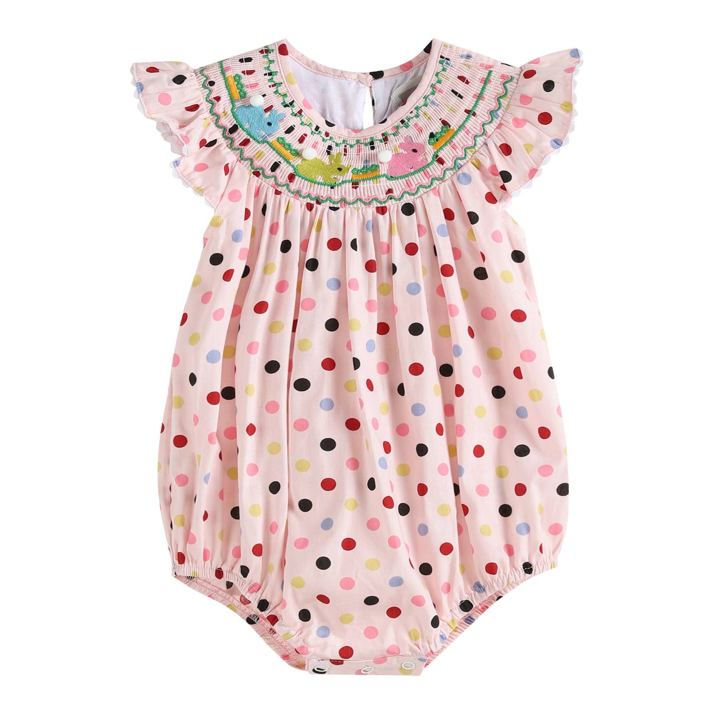 Pink Polka Dot Easter Bunny Smocked Flutter Romper