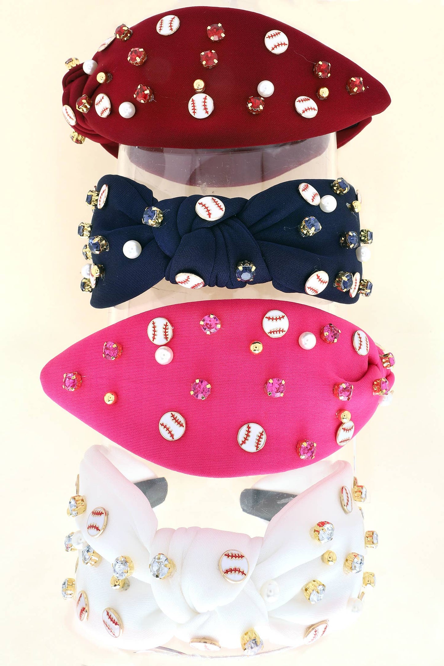 Jeweled & Pearl Beaded with Baseball Charms Knotted Headband - Burgundy