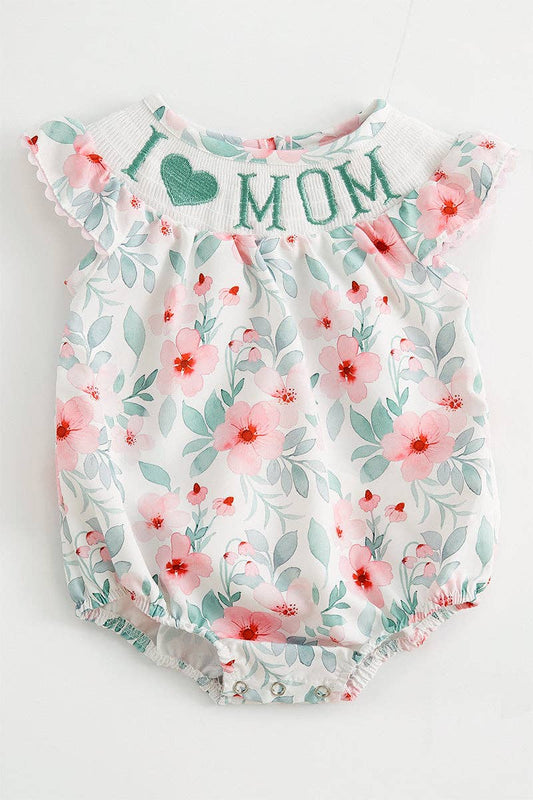 Green floral "I LOVE MAMA" smocked ruffle baby romper