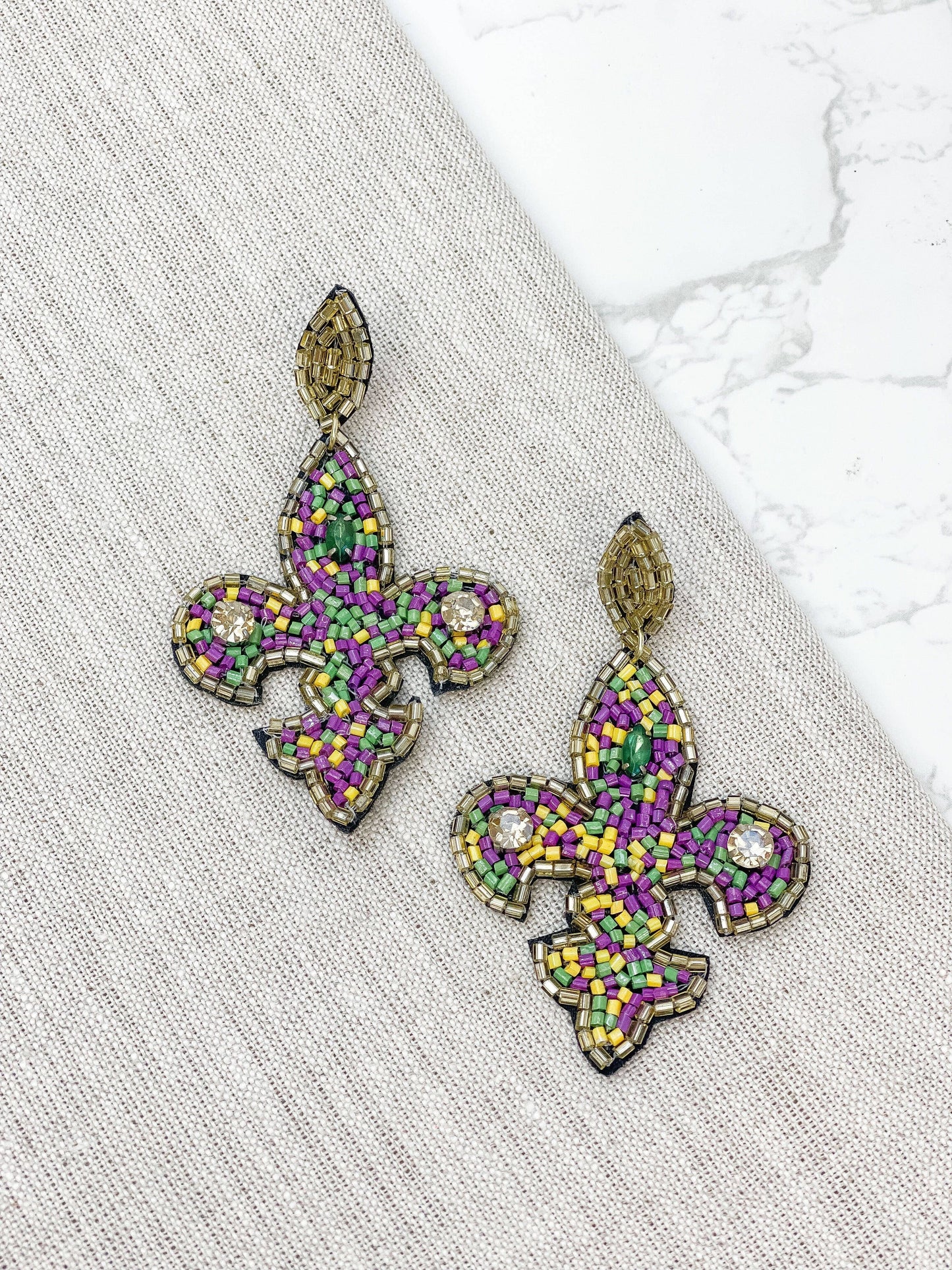 Mardi Gras Fleur De Lis Beaded Dangle Earrings