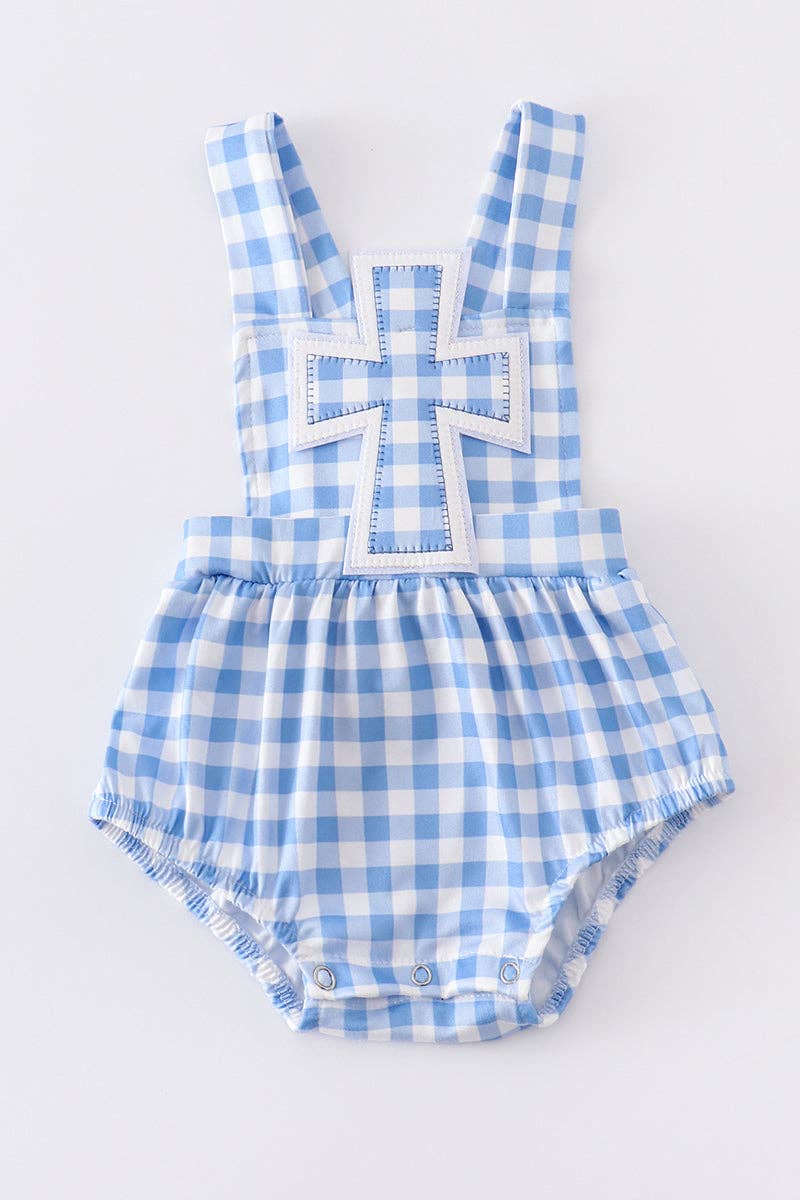 Blue plaid cross boy romper