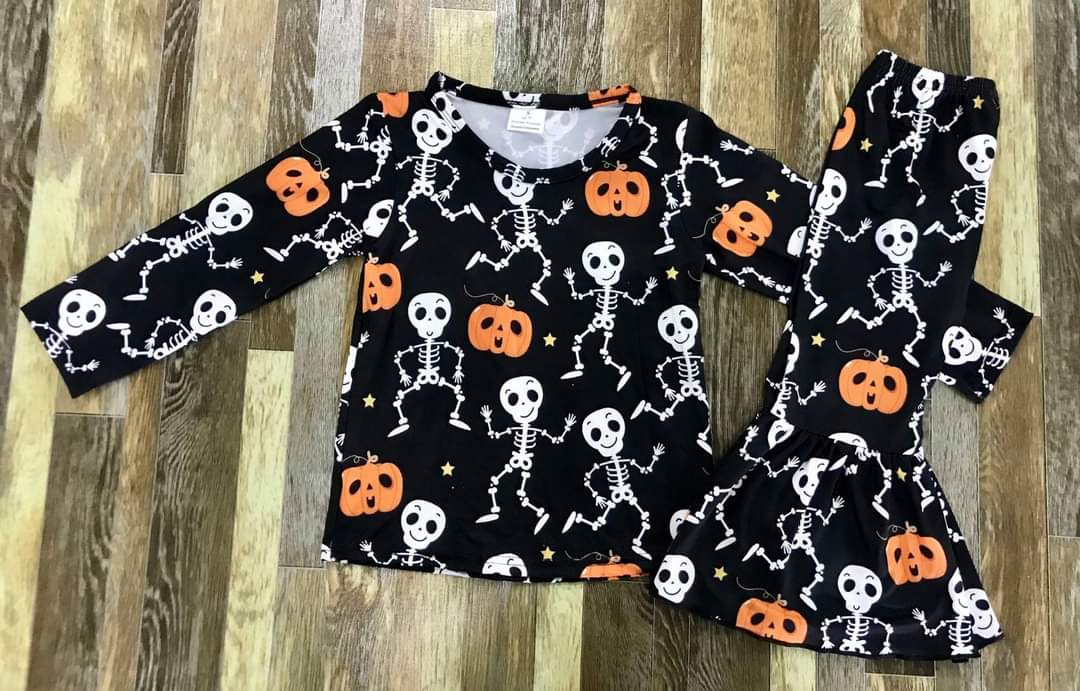 Ruffle Halloween Skelly Long Sleeve Shirt and Pants Set
