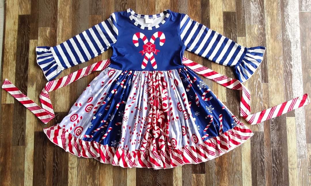 Christmas Print Candy Cane Long Sleeve Dress