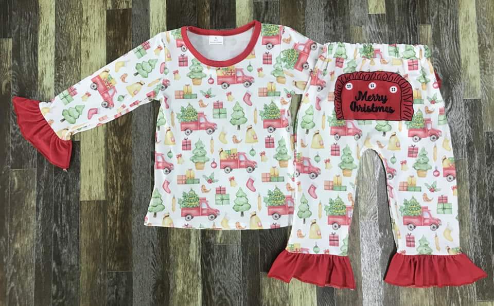 Ruffle Little Red Truck Christmas Long Sleeve Shirt and Pants Set