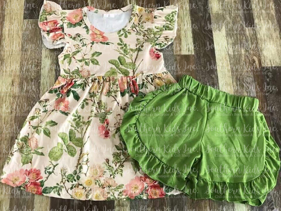 Green Floral Flutter Sleeve Shirt and Shorts