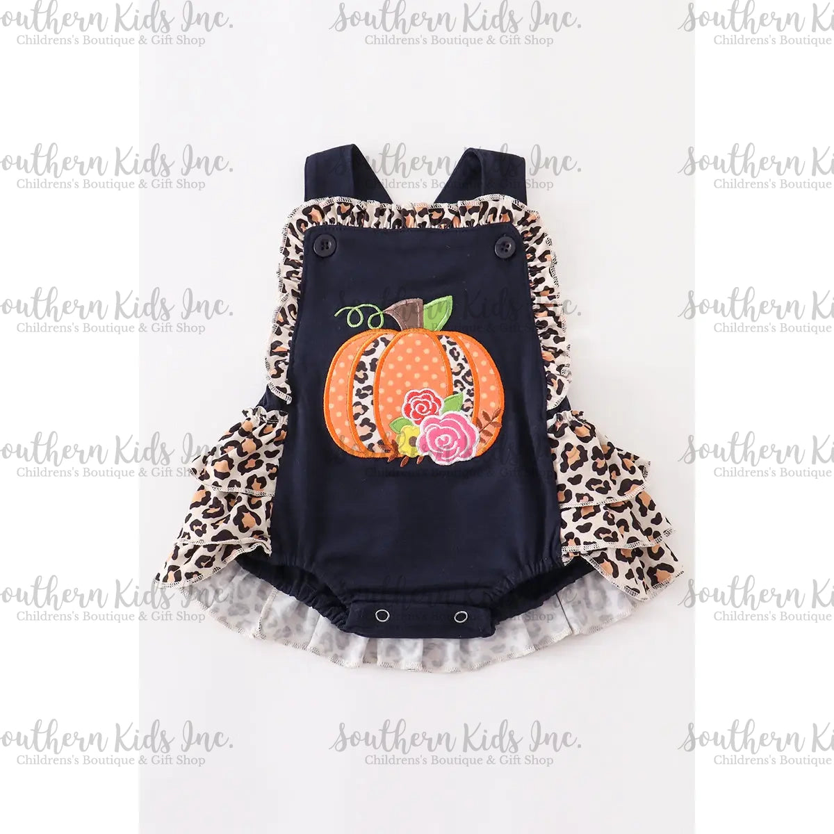 Navy Leopard Pumpkin Applique Girl Bubble