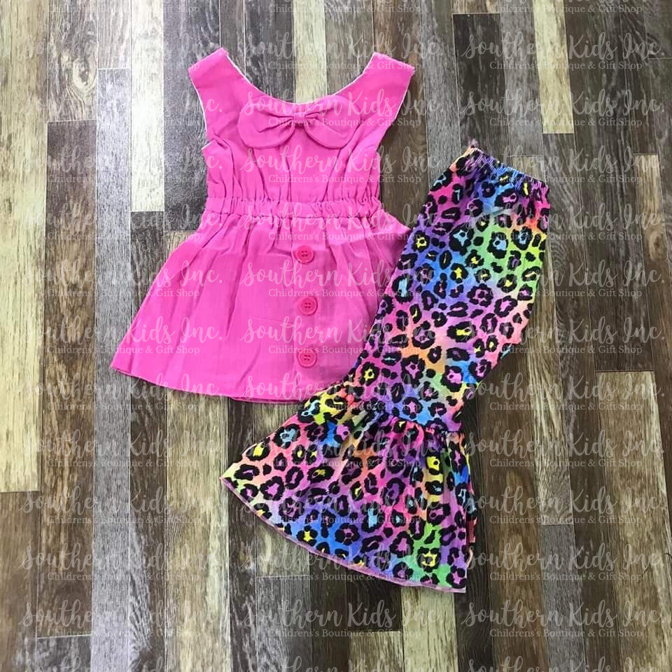 Pink Sleeveless Shirt and Rainbow Leopard Bell Bottoms