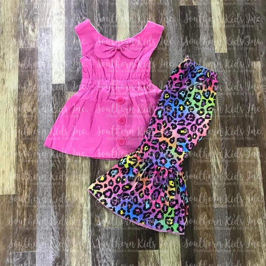 Pink Sleeveless Shirt and Rainbow Leopard Bell Bottoms