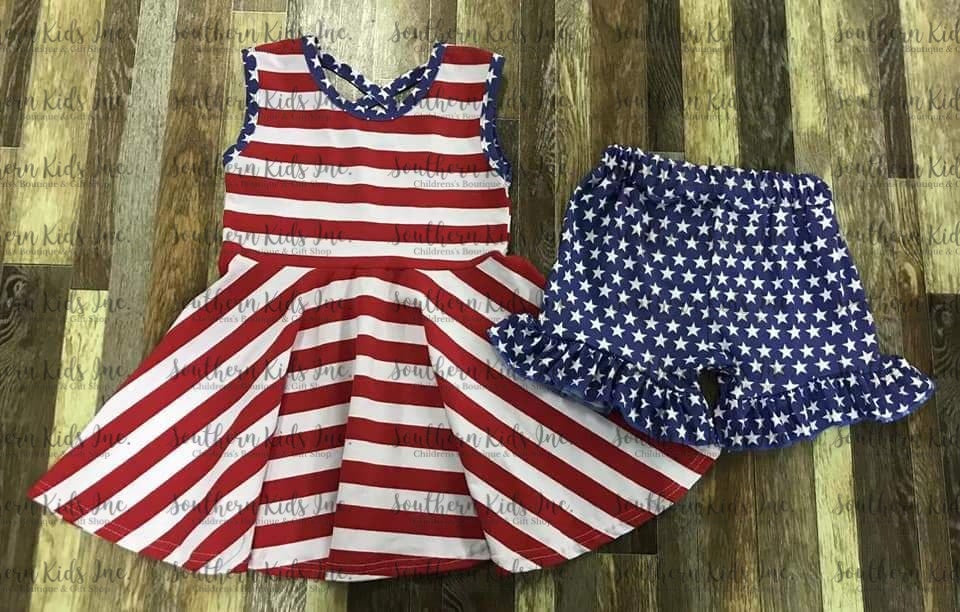 Red and White Stripe Flare Bottom Top and Star Ruffle Bottom Shorts