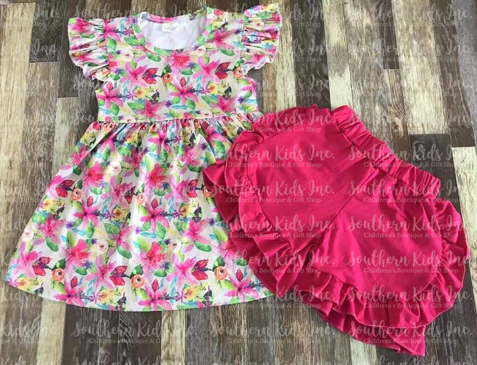 Spring Floral Flutter Sleeve Shirt and Shorts