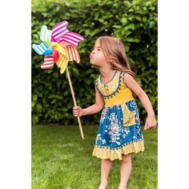 Mustard & Cobalt Floral Ruffle Pom-Pom Dress 2T