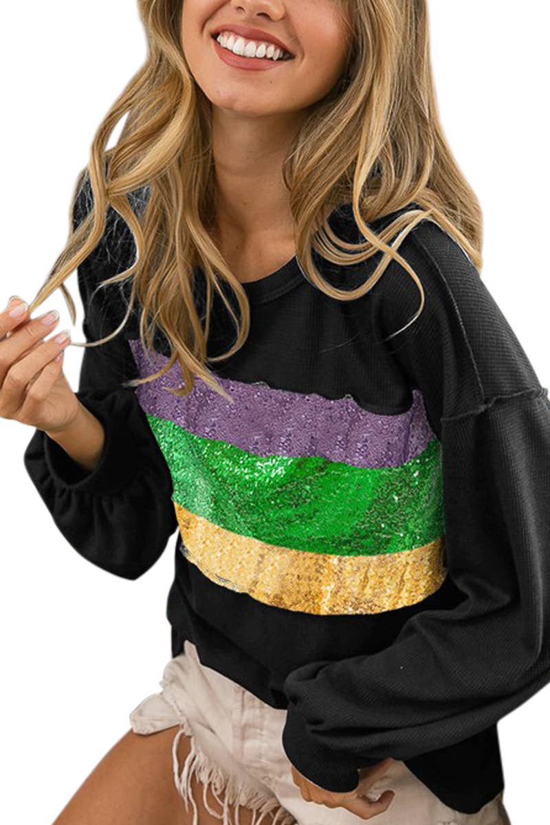 Mardi Gras Theme Sequins Color Block Top- Black