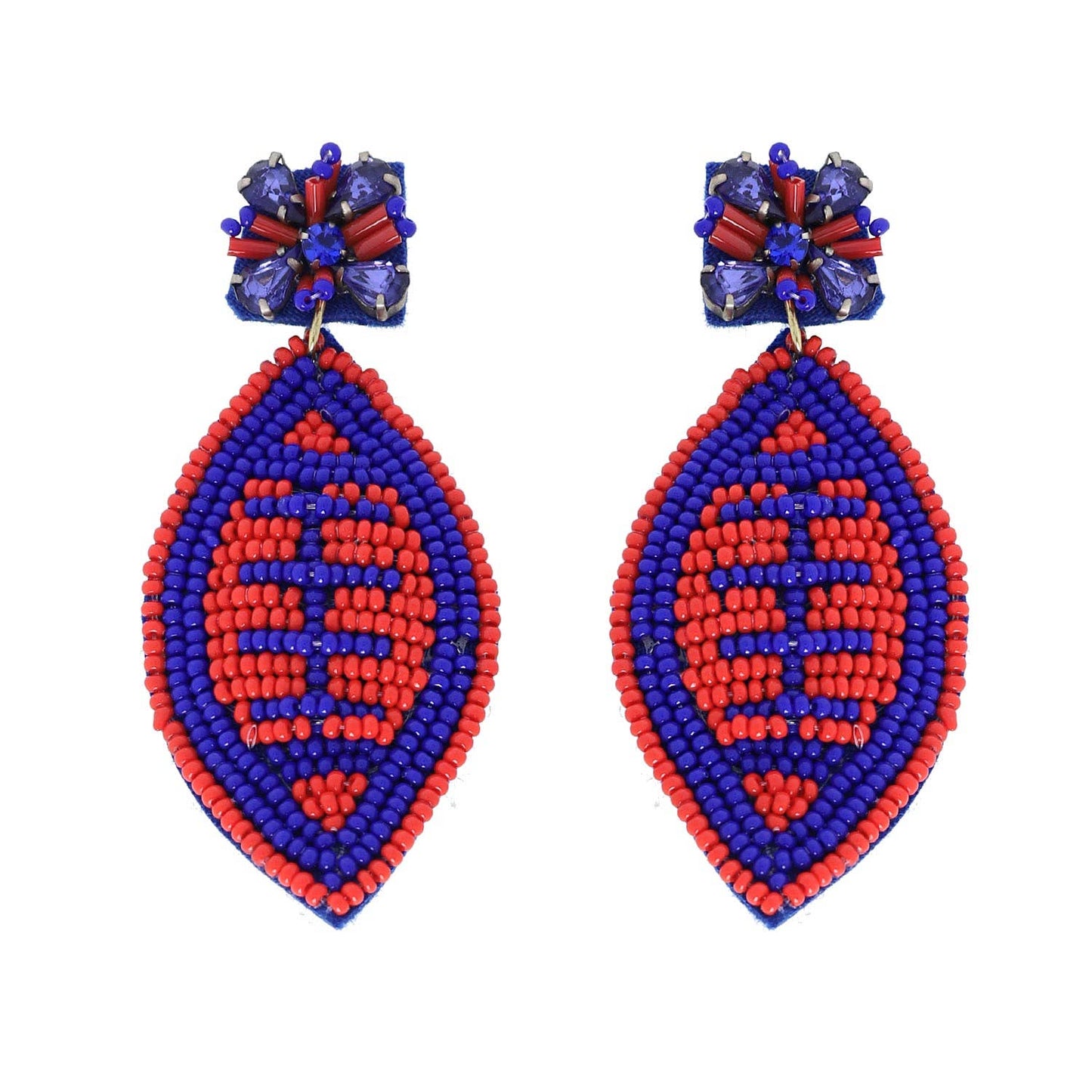2 Tier Jeweled & Beaded Two Tone Football Dangle Earrings - Blue & Red