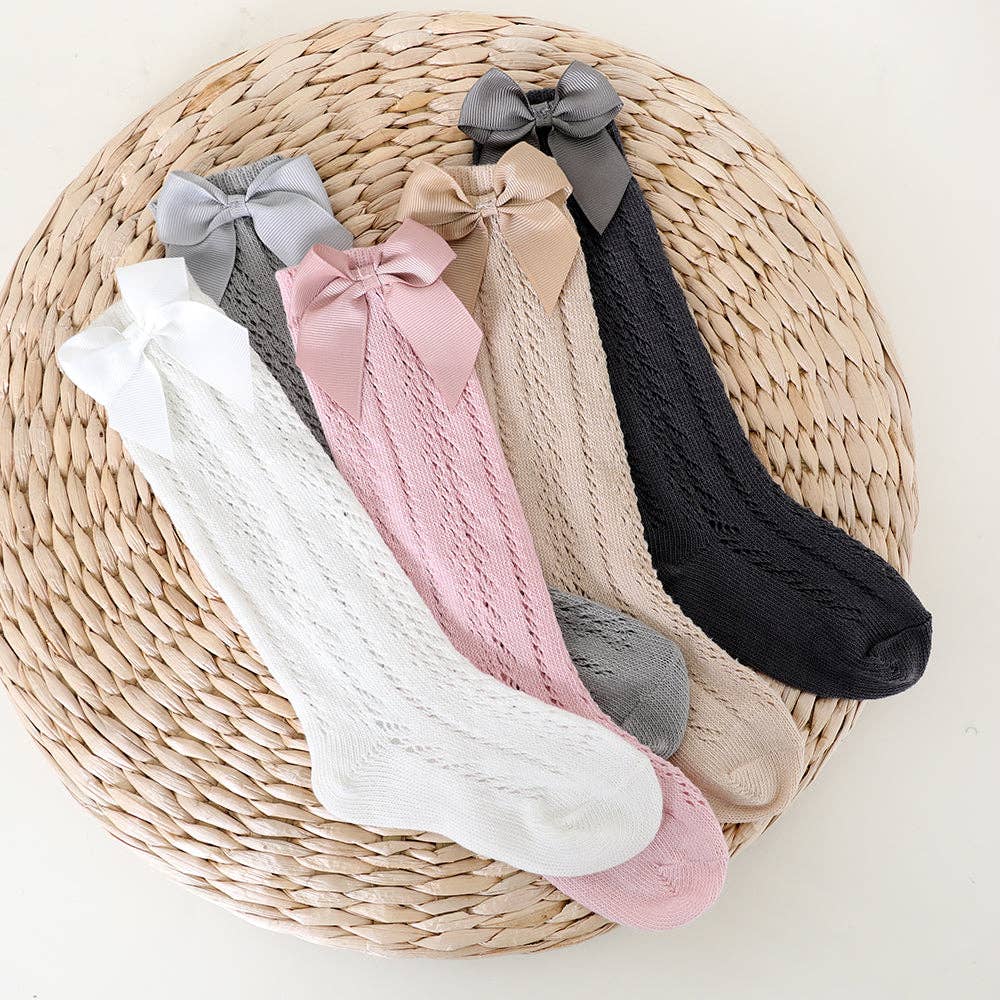 Lace cable bow knee high socks GREY