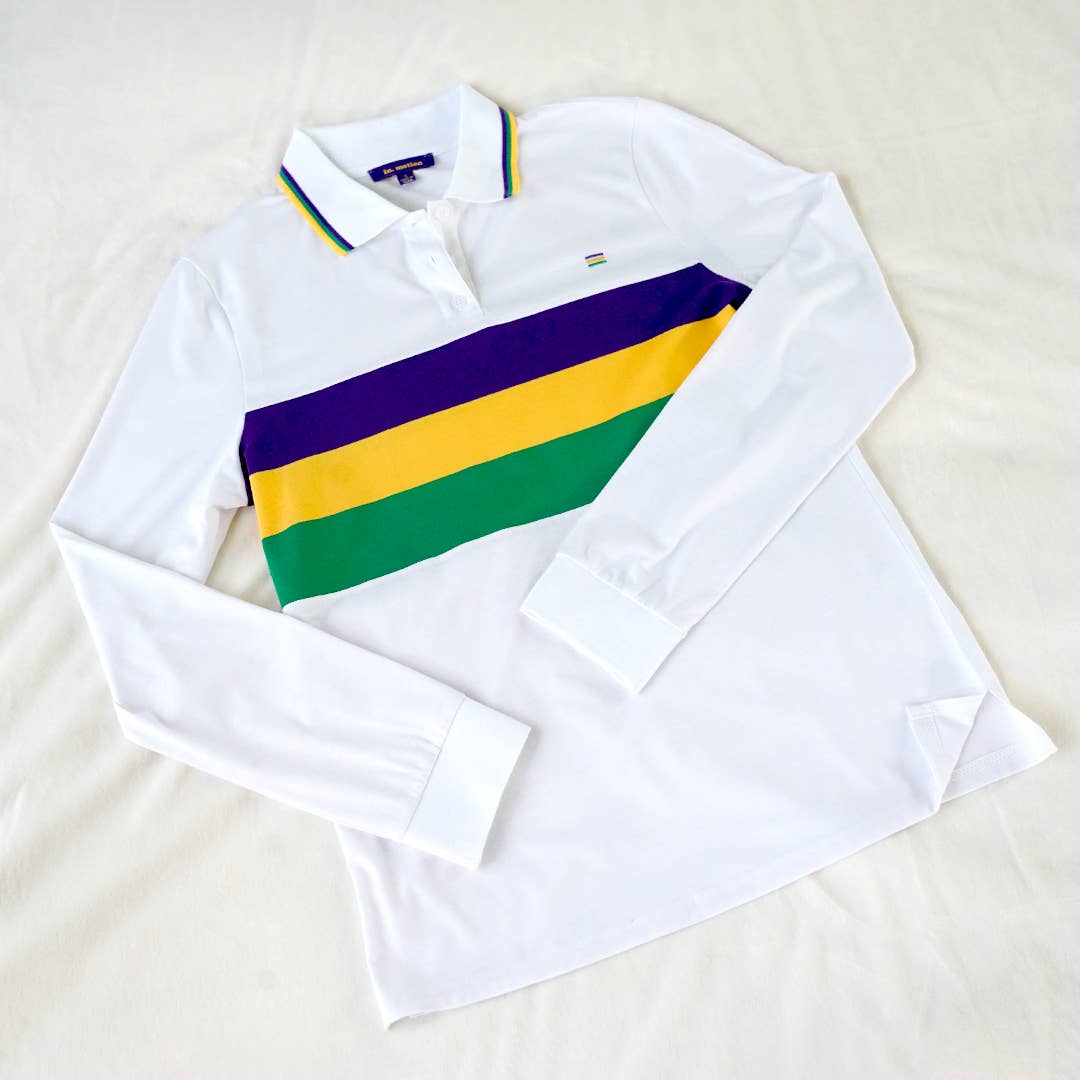 Mardi Gras Polo Long Sleeve Unisex- White
