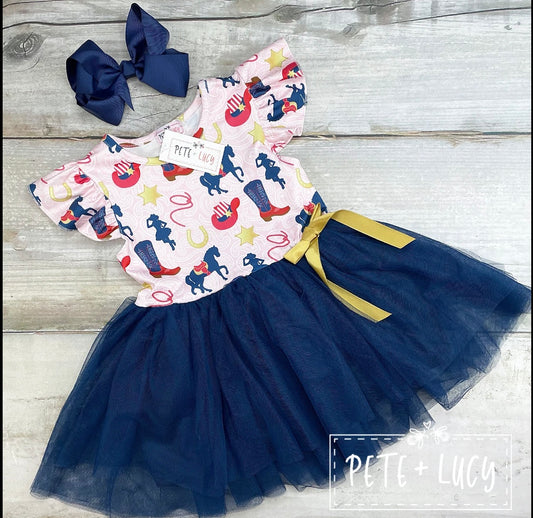 Navy Blue & Pink Cowgirl Tutu Dress