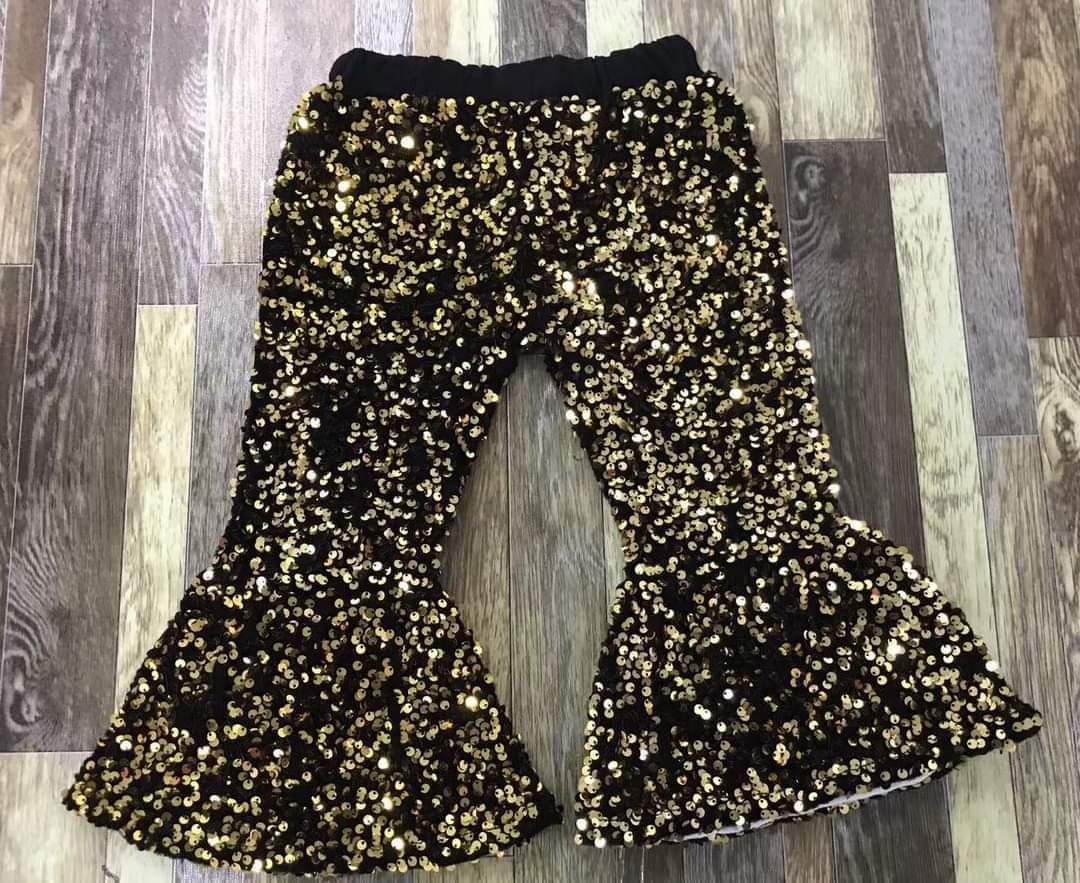 Black Gold Metallic Bell Bottom Pants