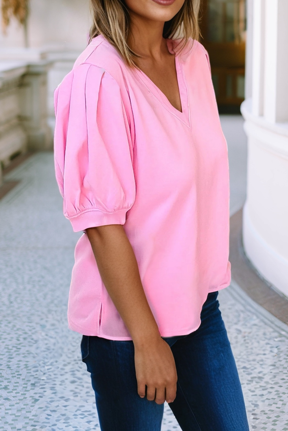 Solid Color V Neck Short Puff Sleeve Blouse