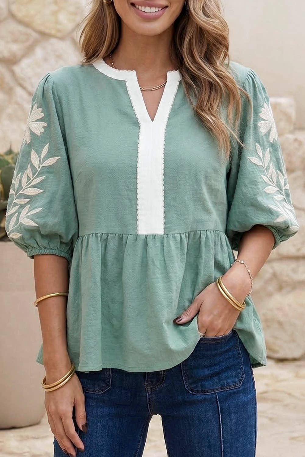 Patchwork Embroidered Puff Babydoll Blouse