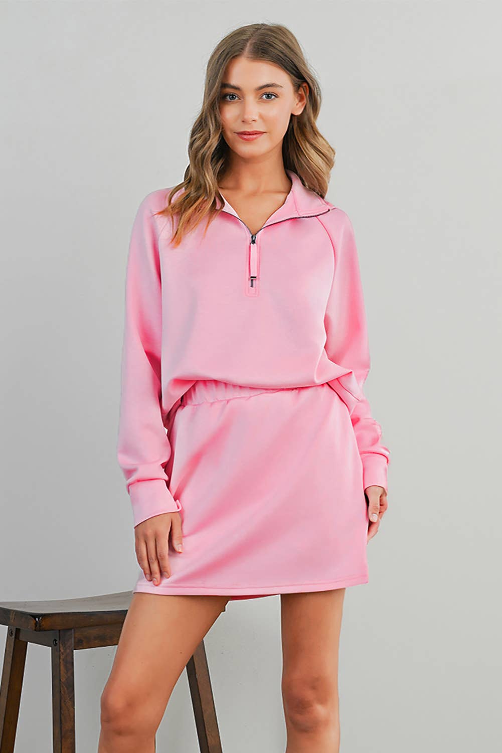 Solid Half Zip Front Pullover & Mini Skirt