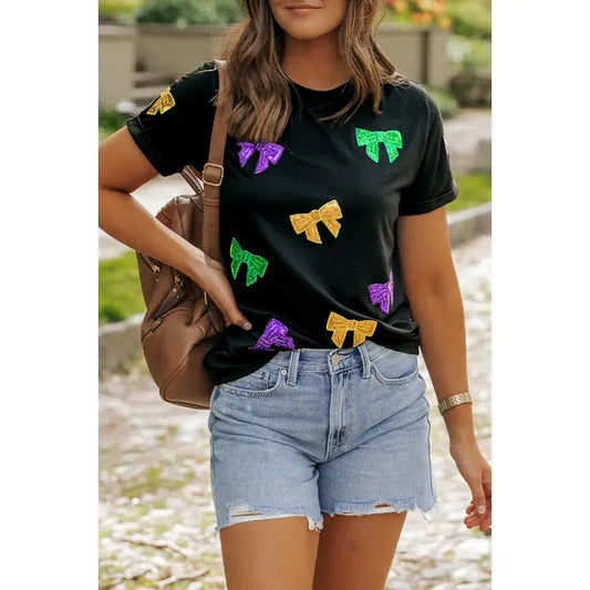 Mardi Gras Sequin Bow Knot Tee- Black