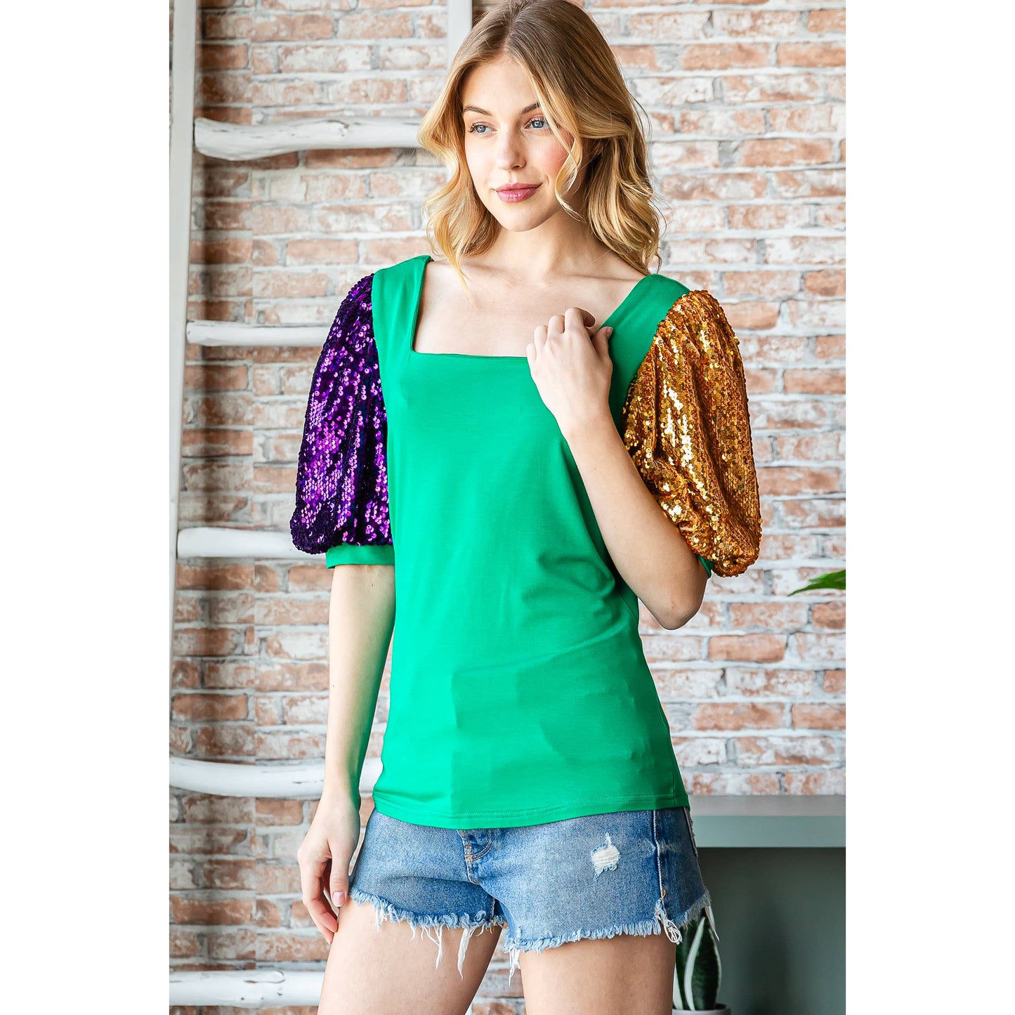 Mardi Gras PGG Sequin Puff Sleeve Top Kelly Green Belly