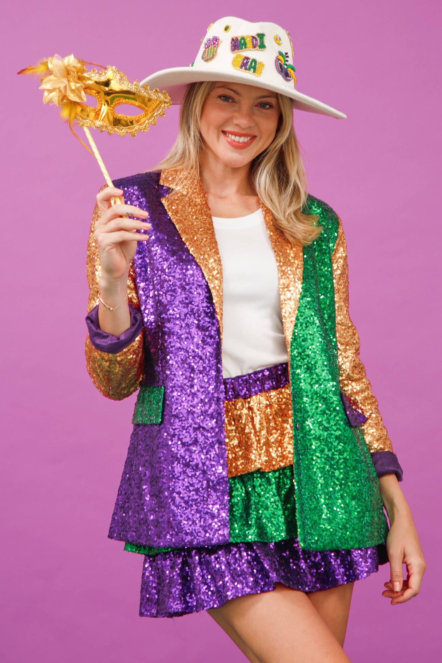 Mardi Gras Color Block Sequin Blazer -Purple/ Green Multi