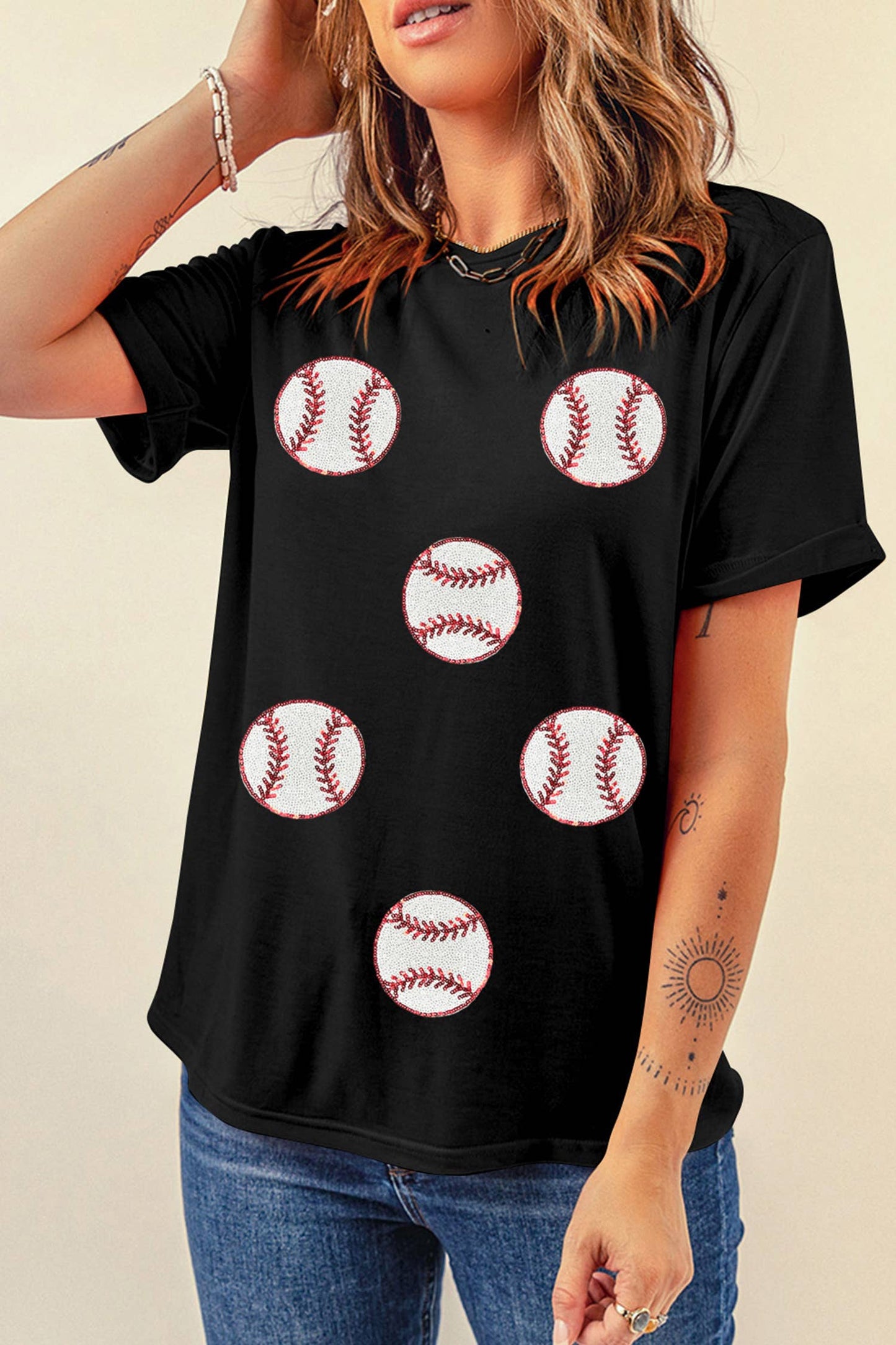 Sequin Basball Patch Graphic T Shirt