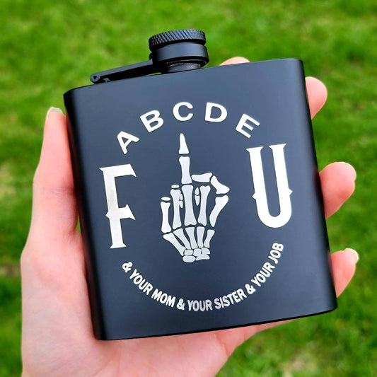 ABCDE FU Skelton Flip Off Metal Flask