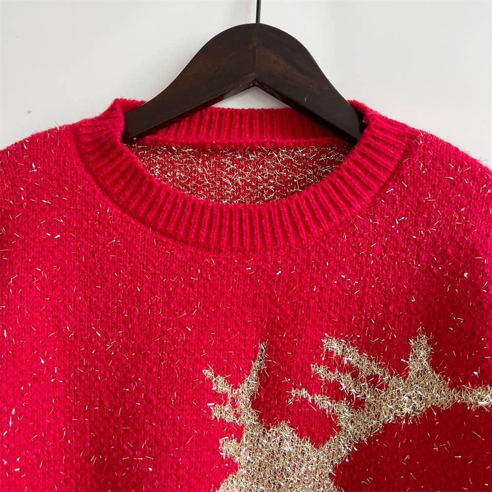 Fawn Gold Christmas Knitted Sweater- Red