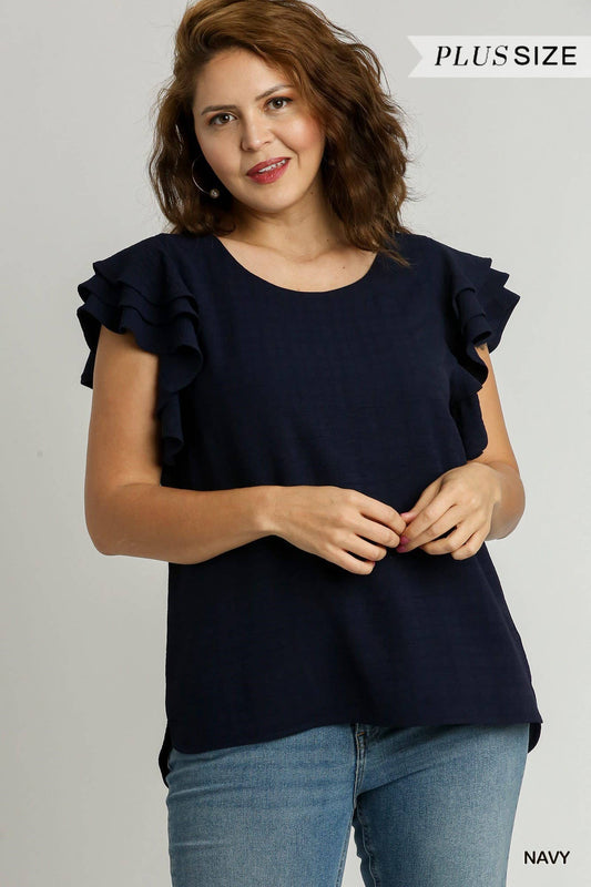 Boxy Cut Round Neck Layered Ruffle Sleeve Top- Navy