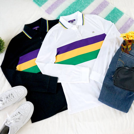 Mardi Gras Polo Long Sleeve Unisex- White