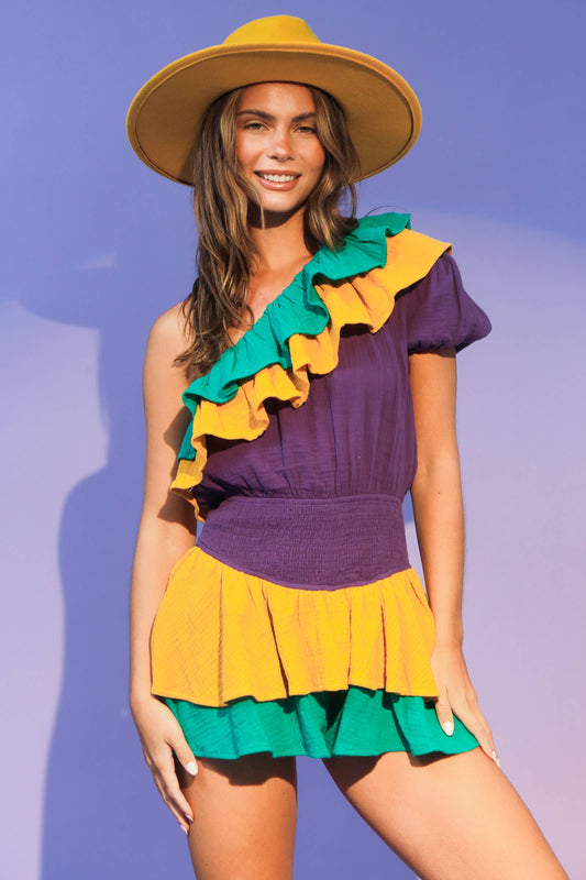 Mardi Gras Color Block One Shoulder Romper