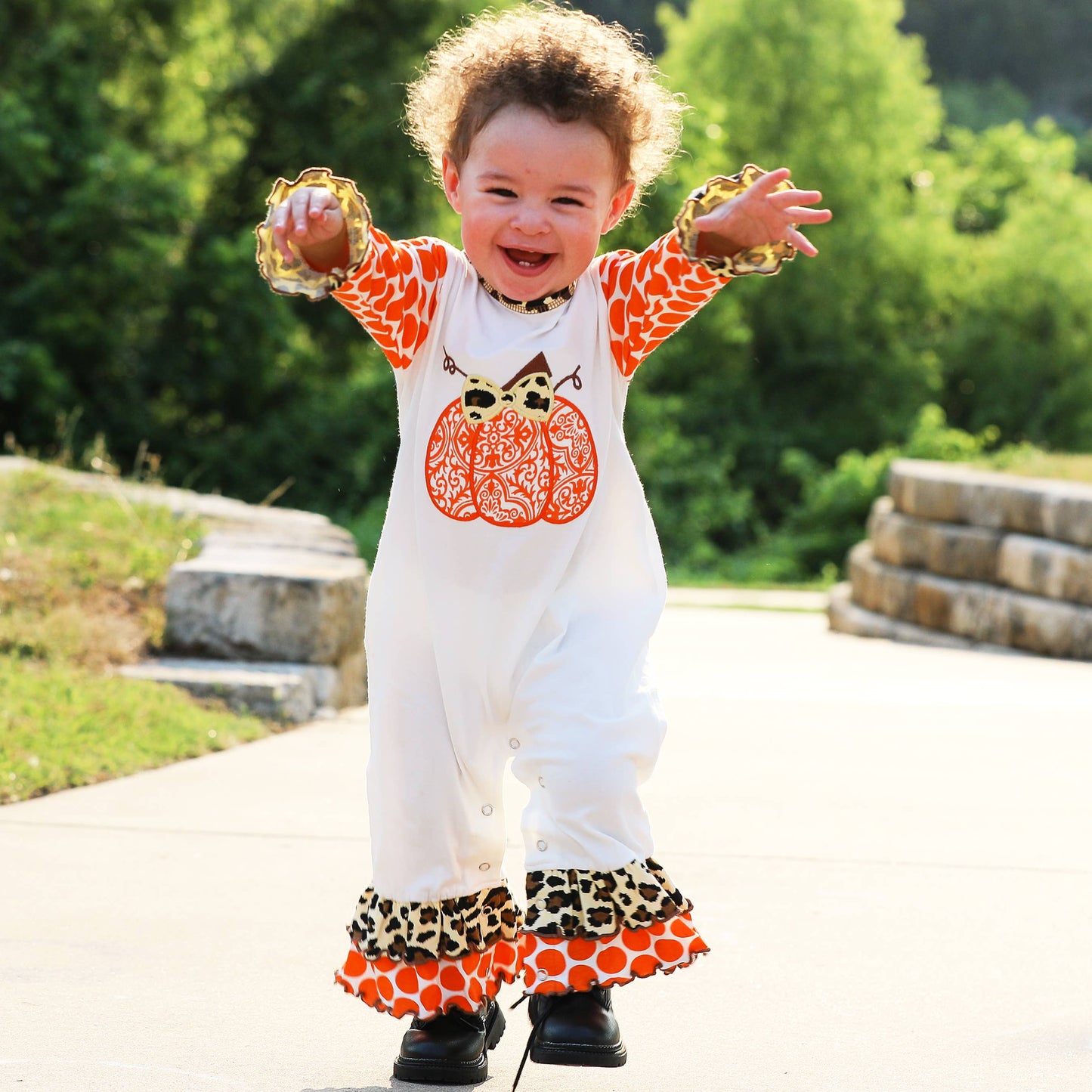 Girls Orange Pumpkin Romper