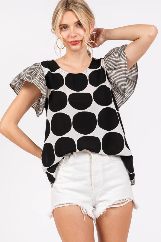 Contrast Polka Dot Blouse Top- Blue/ Royal Blue