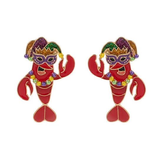 Mardi Gras Glittered Enamel Crawfish Earrings