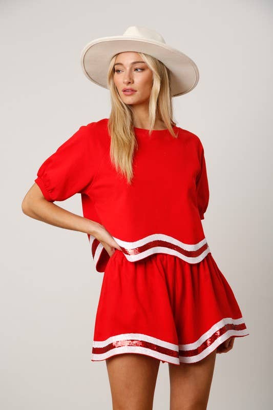 Sequins Stripe Puff Sleeve Crop Top- Red/ White Multi