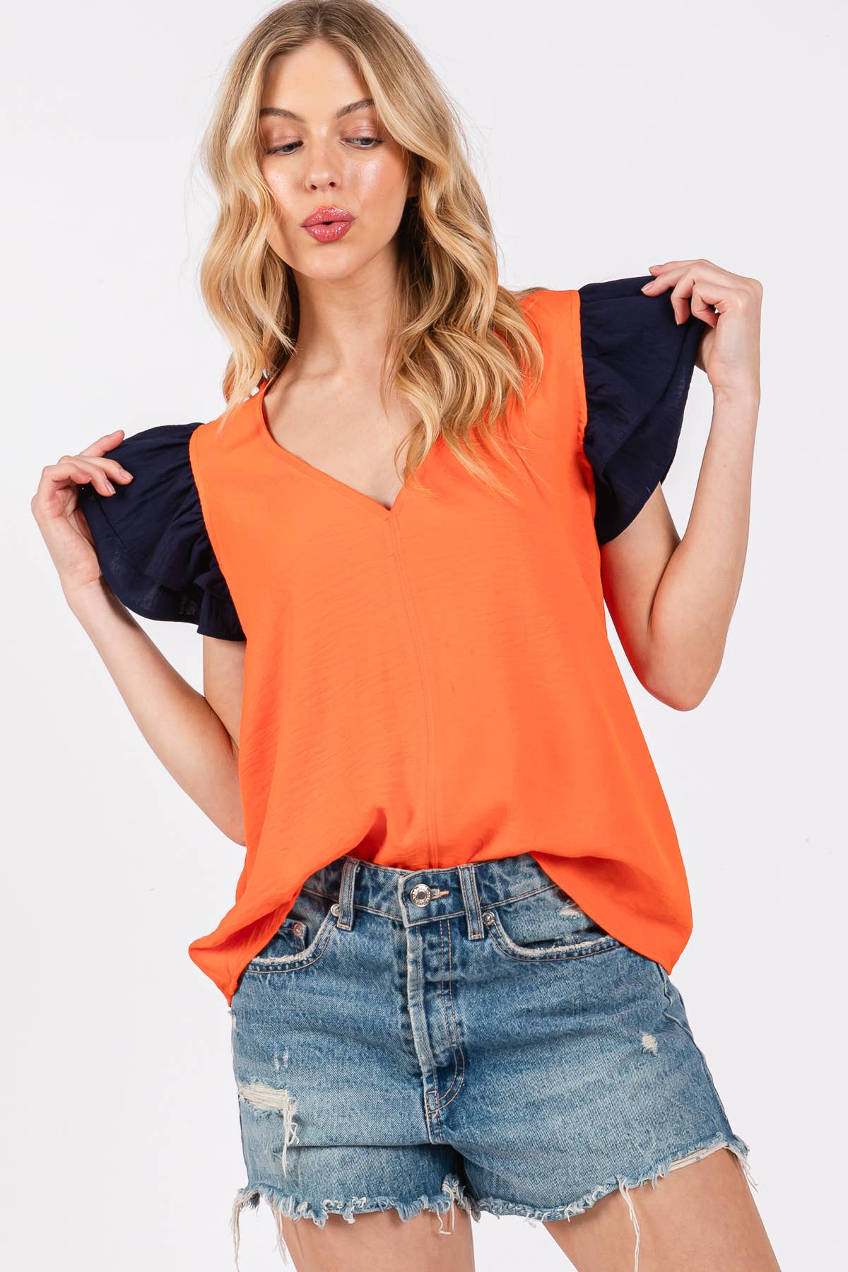 Game Day Contrast V-neck Flutter Sleeve Top- Crimson/ White
