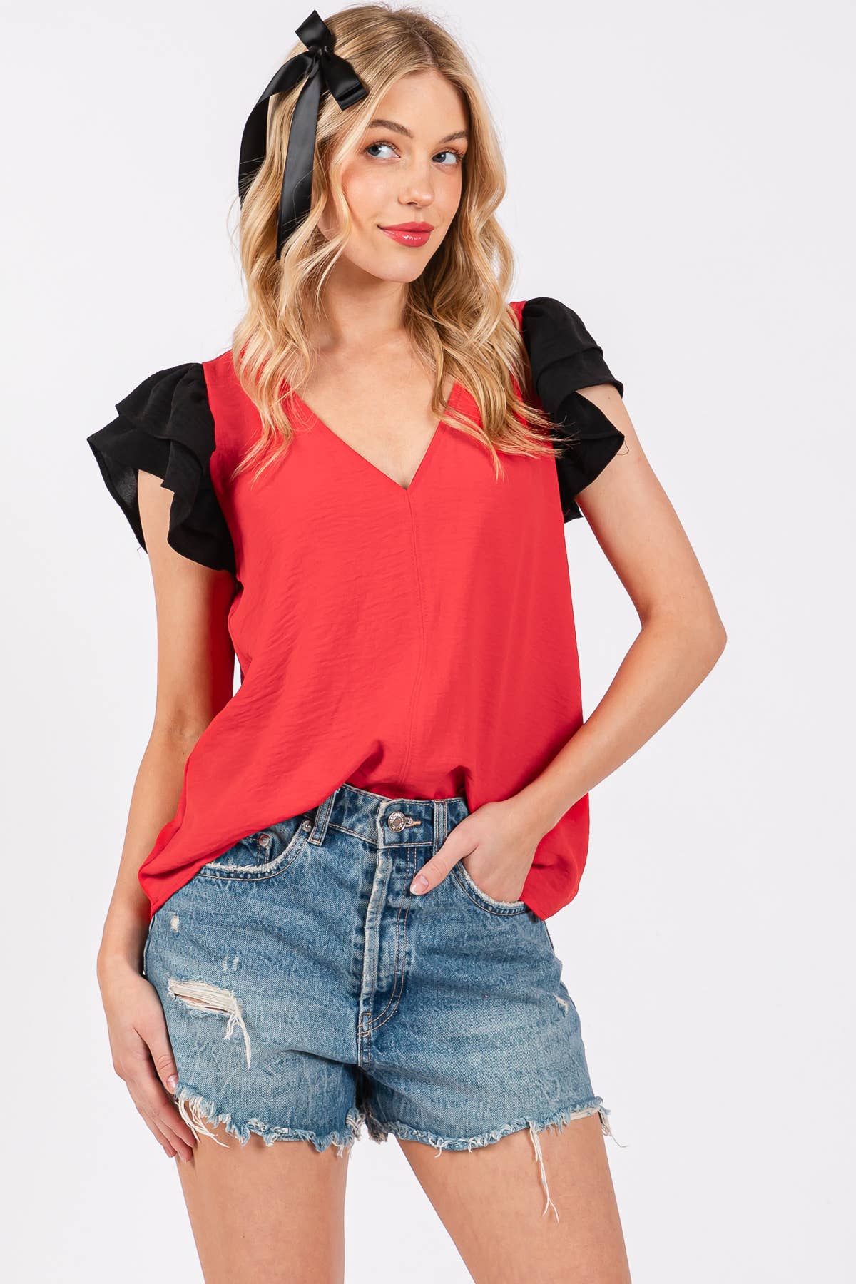 Game Day Contrast V-neck Flutter Sleeve Top- Crimson/ White