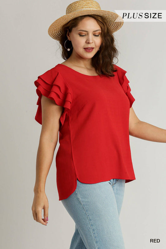 Boxy Cut Round Neck Layered Ruffle Sleeve Top- Red