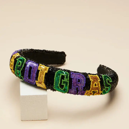 Mardi Gras Beaded Headband with Colorful "Mardi Gras"