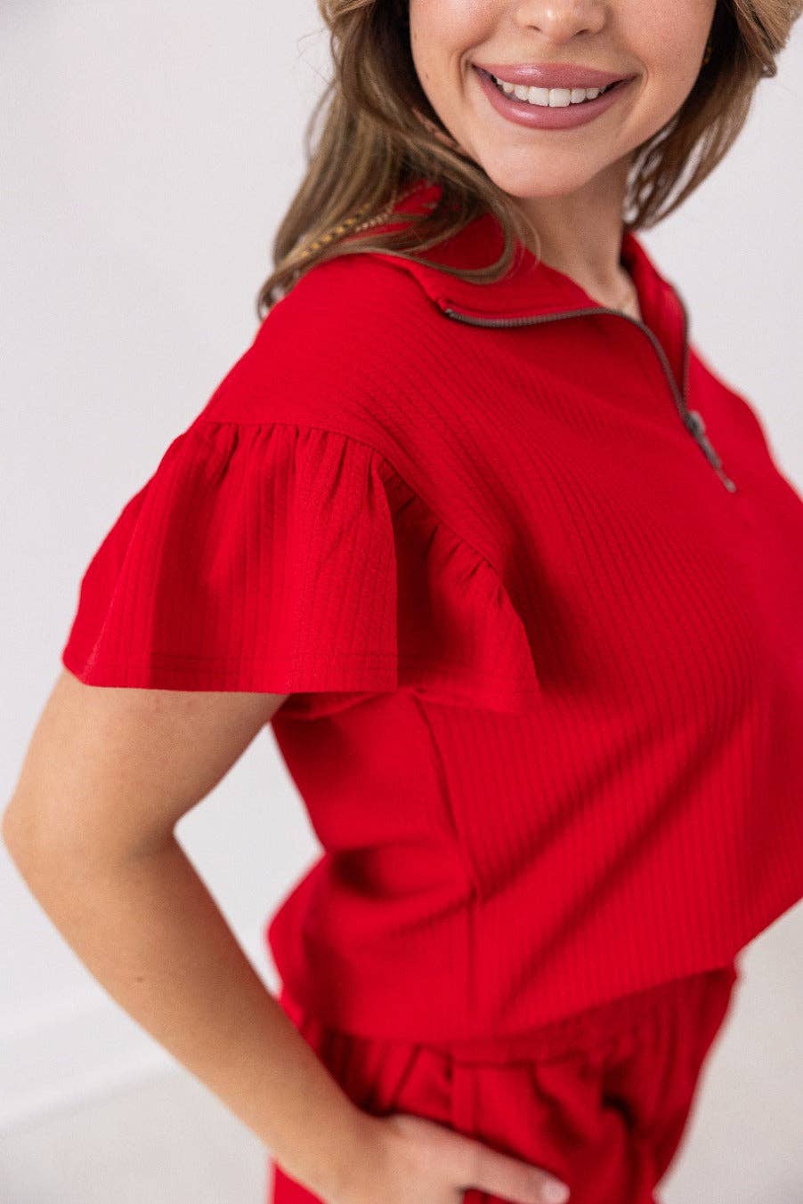 Quarter Zip Shirt with Flutter Sleeves & Knit Shorts Set