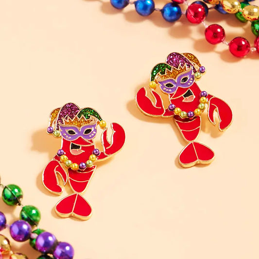 Mardi Gras Glittered Enamel Crawfish Earrings
