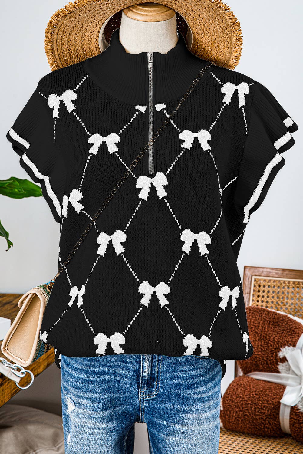 Fashion-W Preppy Vibes Bow Print Zipped Collar Sweater Tee- White