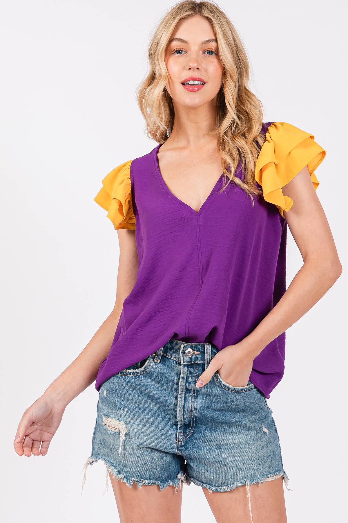 Game Day Contrast V-neck Flutter Sleeve Top- Purple/ Yellow