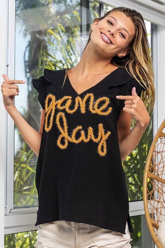 Game Day Metallic Letter Ruffled Wrinkle Gauze- Black & Gold