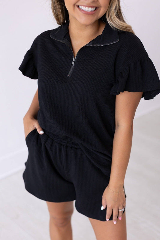 Quarter Zip Shirt with Flutter Sleeves & Knit Shorts Set