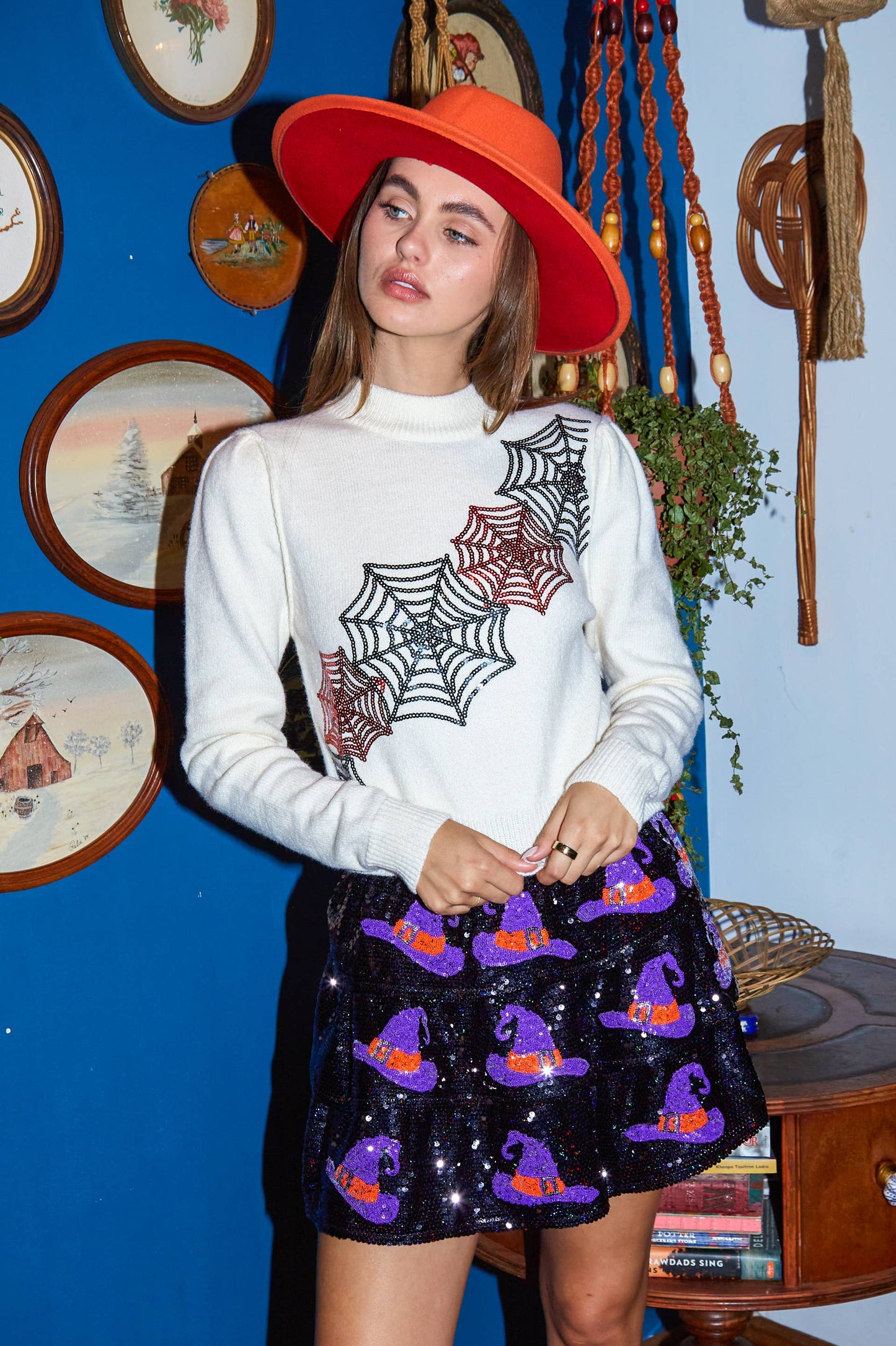Spider Web Sequin Halloween Sweater- Ivory